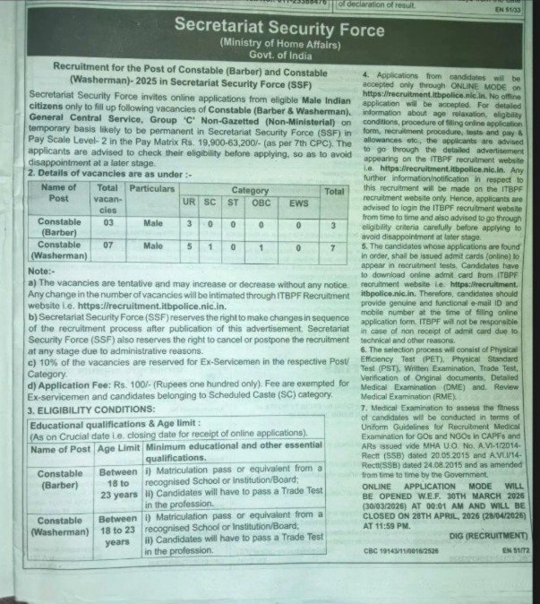 SSF Constable Tradesman Syllabus 2026