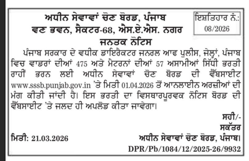 Punjab PSSSB Warder and Matron Recruitment 2026