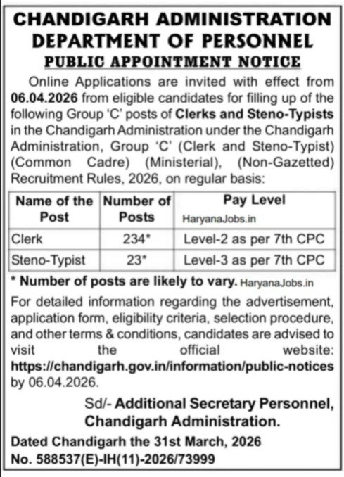 Chandigarh Administration Clerk and Typist Recruitment 2026