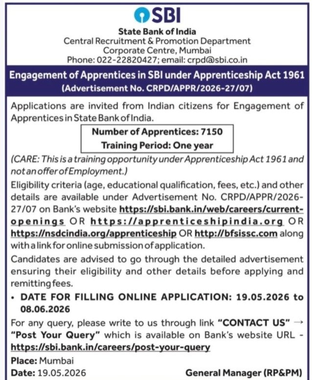 SBI Apprentice Recruitment 2026